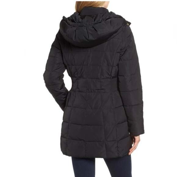 Cole Haan Black Zip Front Puffer Coat Long Down Jacket Hooded Sz. S/P - Picture 3 of 9